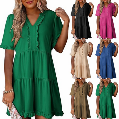 🌸2026 Zeitlich begrenzter Verkauf – 50 % Rabatt🌸Damen-Stufenkleid mit Rüschenbesatz und V-Ausschnitt👚