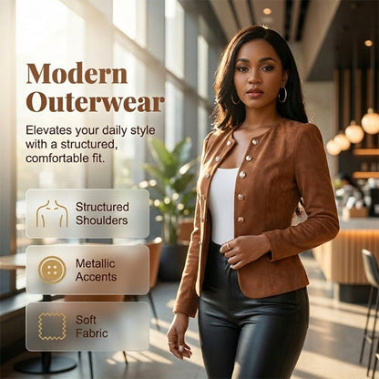 🧥 50% RABATT! 🌞 Damen kragenlose Kunstwildleder-Jacke – Kurze Silhouette & samtige Textur – Weich, elegant & perfekt für Frühlingstage, Büro oder lässige Ausflüge ✨