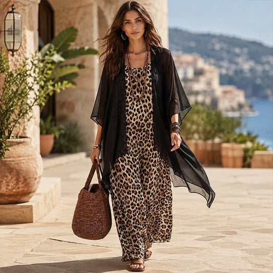 🐆 50 % RABATT – Damen 2-teiliges Leopardenmuster-Set mit Slip-Kleid & Strickjacke | Femininer Look mit müheloser Eleganz ✨