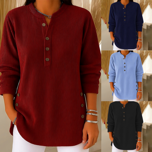 👚 50 % RABATT – Damen Cordbluse mit Henley-Ausschnitt & Knopfdetails | Gemütlicher Vintage-Stil trifft auf elegante Alltagspassform ✨