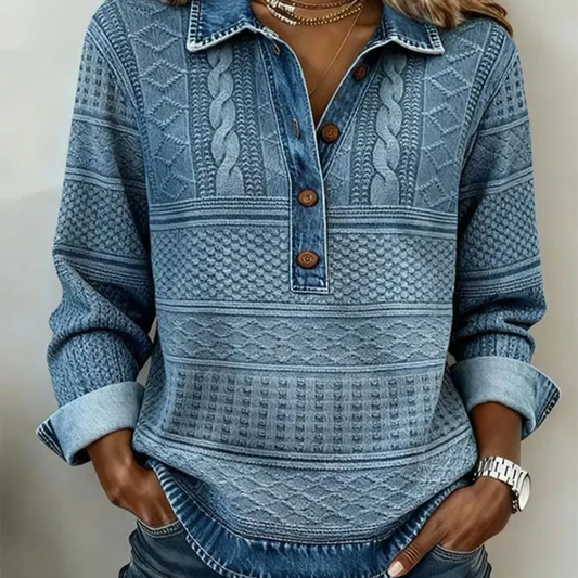 👚 50 % RABATT – Damen Langarmshirt mit Jeans-Patchwork & Reverskragen | Moderner Casual-Look mit einzigartigem Stil ✨