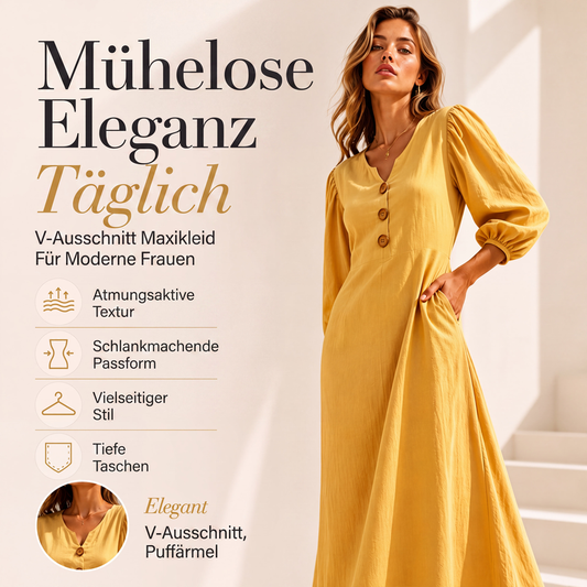 👗 50 % RABATT – Lässiges Damen-Maxikleid mit V-Ausschnitt & Puffärmeln | Femininer Komfort trifft auf eleganten Alltagsstil ✨