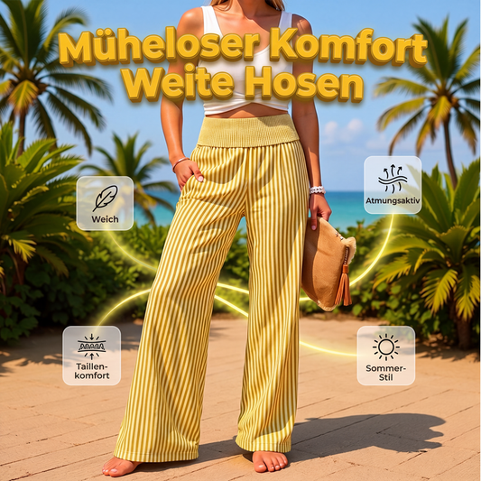 🌿 50 % RABATT – Damen Weite-Bein-Hose mit gerafftem Bund & Streifenmuster | Luftiger Komfort trifft auf lässige Eleganz ✨