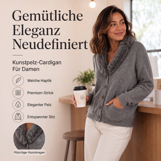 🧶 50% Rabatt | Gemütlicher Strick trifft elegante Akzente – Damen Cardigan mit Pelzkragen