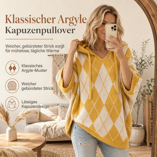 Legerer karierter Strickpullover mit Kapuze für Damen