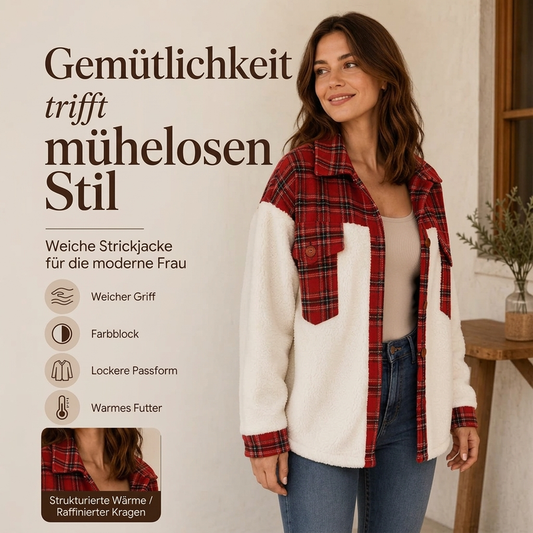 🧸 Damen Plaid Plüsch Patchwork Knopfjacke – Kuschelig, warm & immer passend